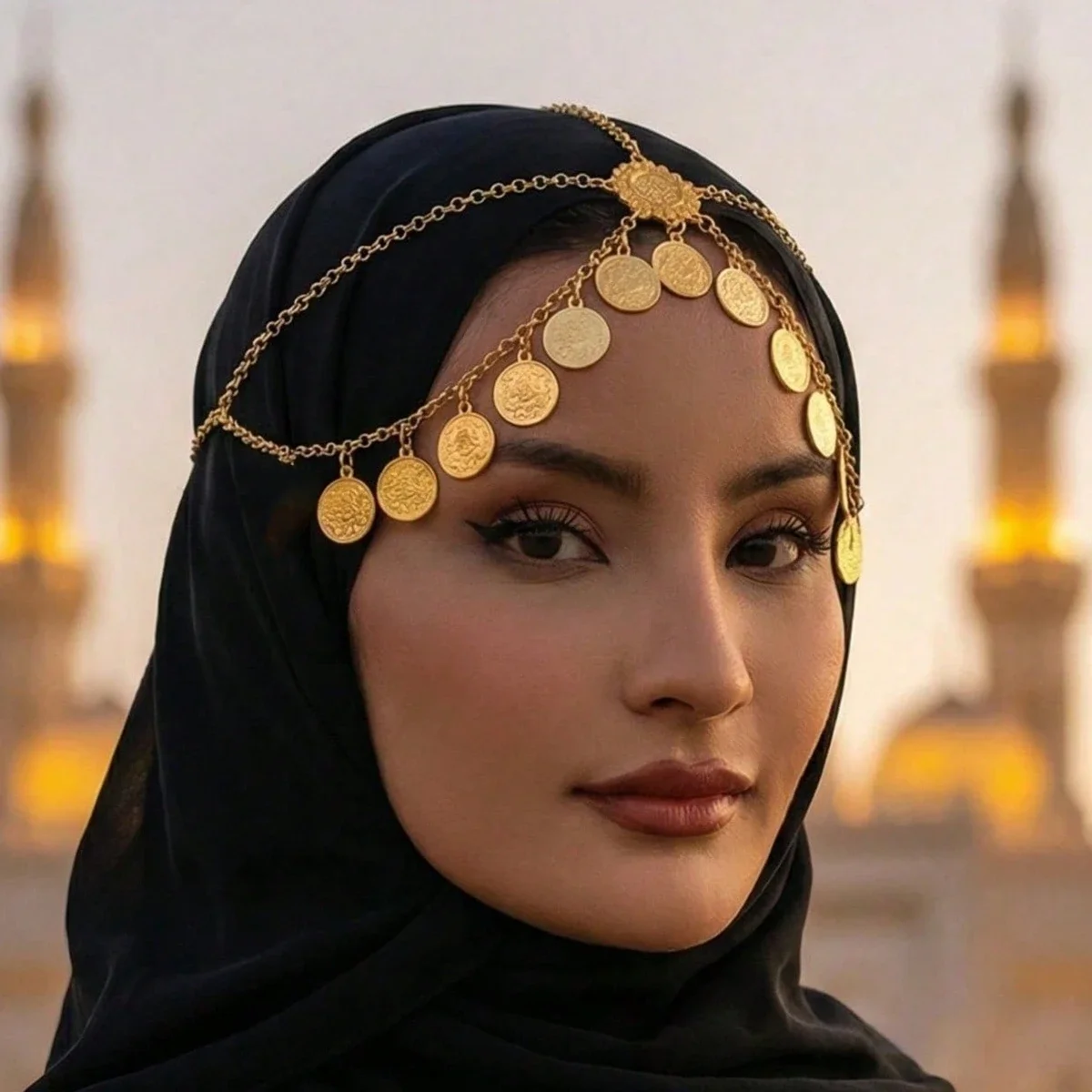 Kurdish Jewelry Egyptian Gold Color Alloy Coin Tassel Head Chain Women's Wedding Party Headpiece Head Jewelry Accessories