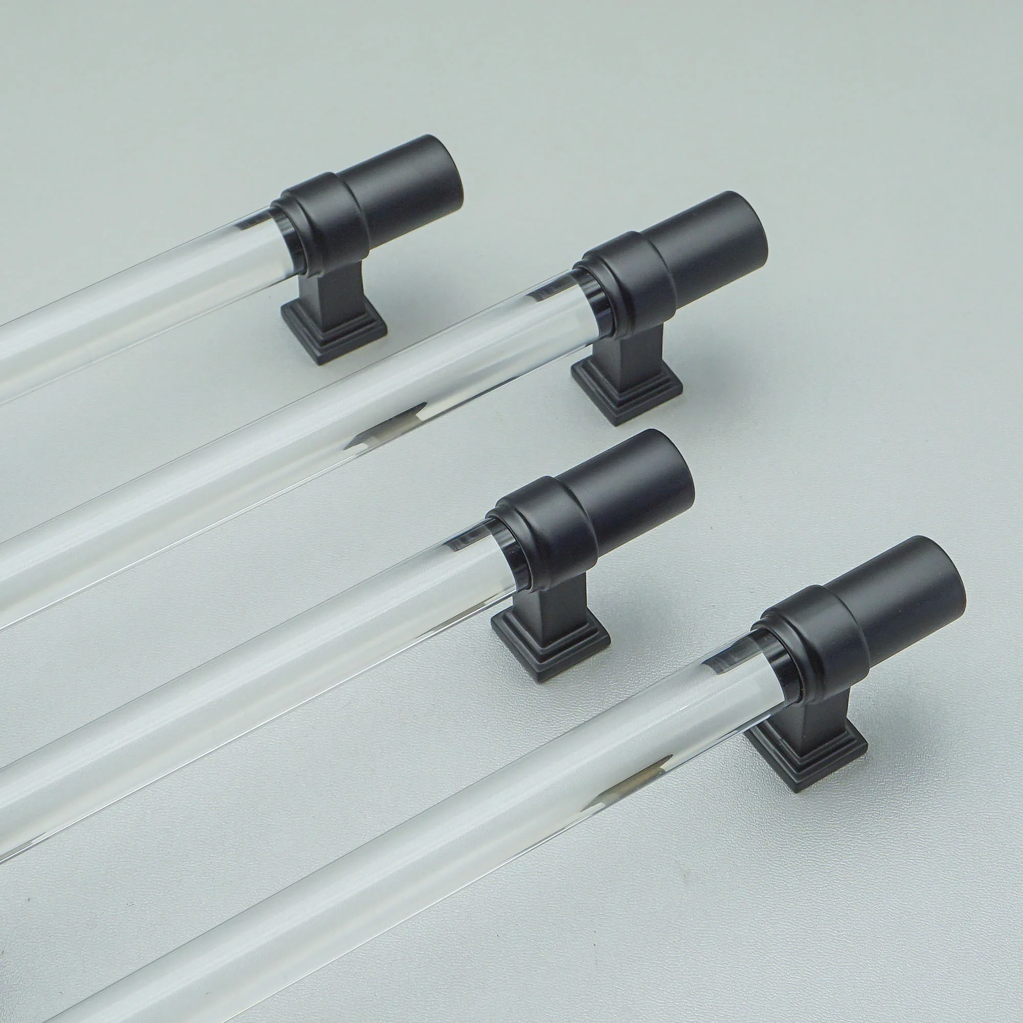 Transparent Acrylic Cabinet Handles Modern Simple Wardrobe Pulls Black Chrome T Bar Drawer Knobs Zinc Alloy Furniture Hardware