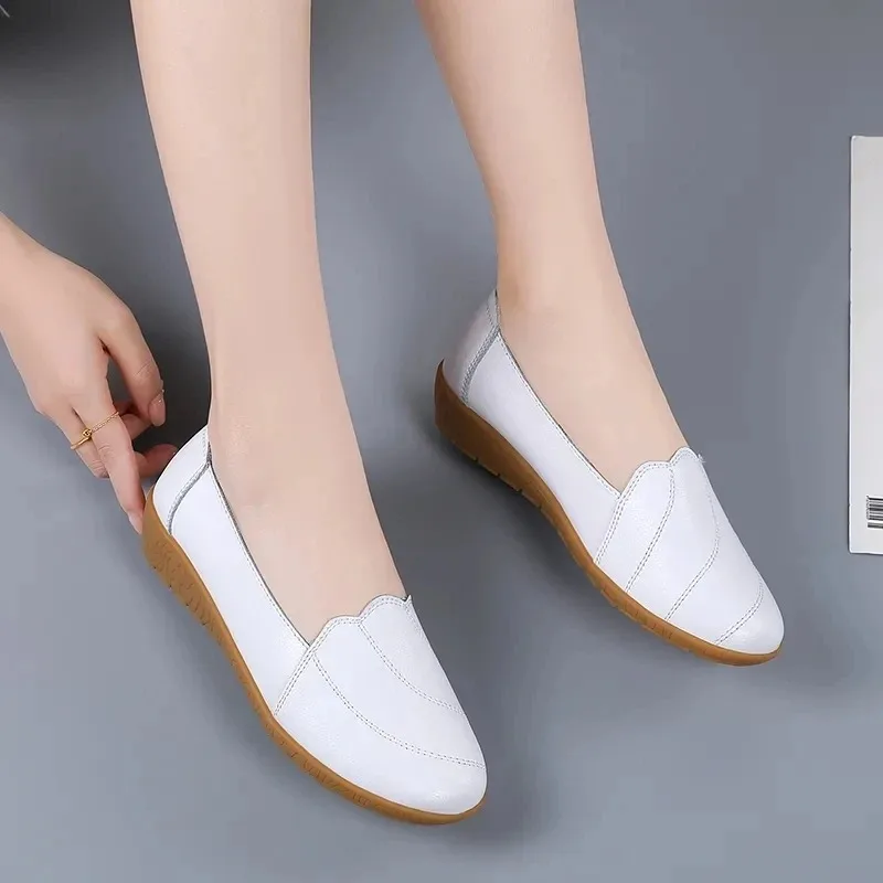 Genuine Leather Shoes For Women White  Summer Clssic Style 2024 Nurse Shoes Woman Leather Flats