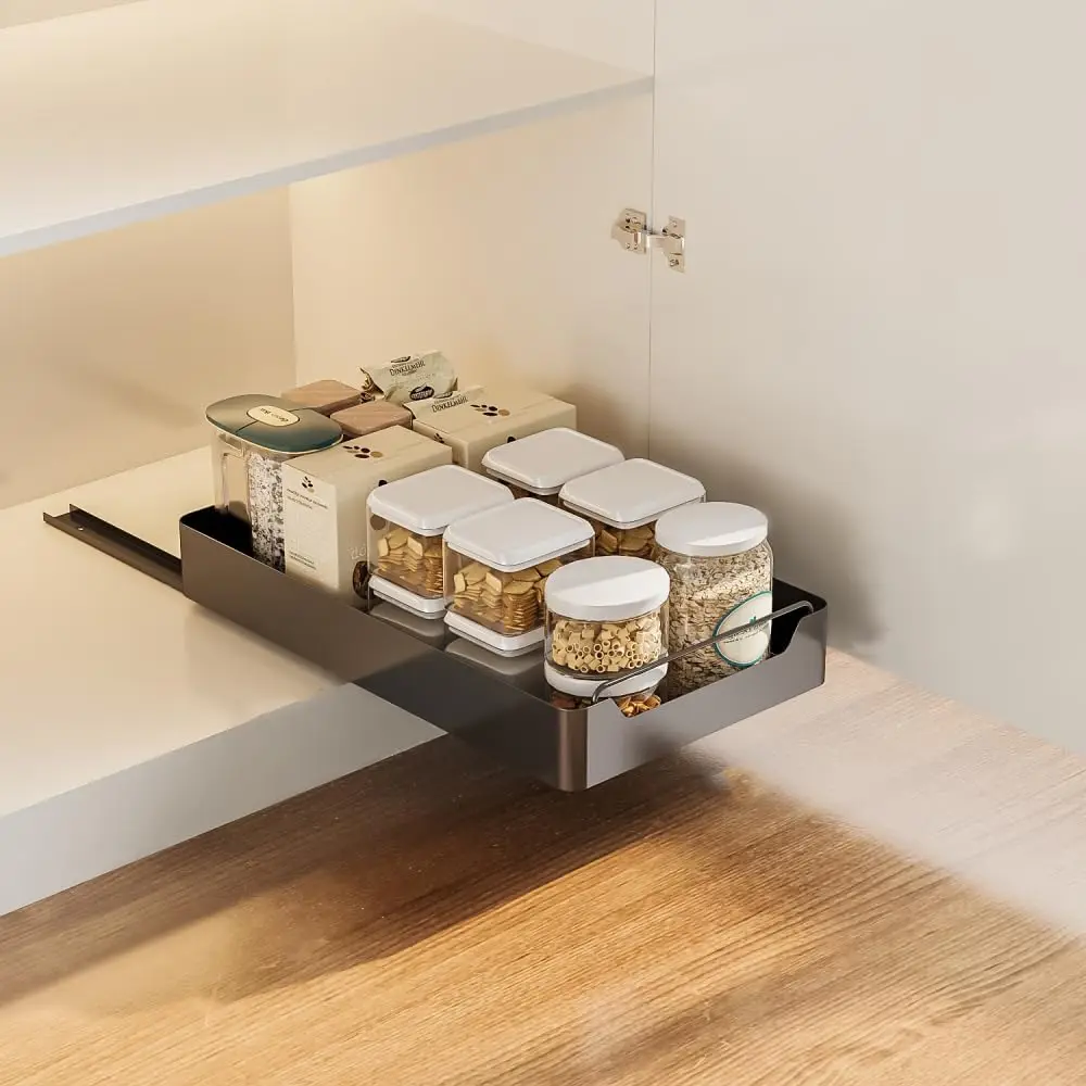 Organisateur de placard extensible Garvee, étagère de rangement sans perçage, organisateur noir 43 x 30 x 7 cm pour garde-manger et salle de bain
