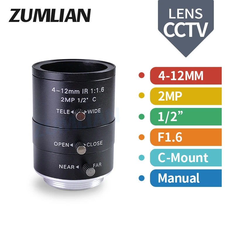 

ZUMLIAN CCTV Lens 4-12mm Varifocal 1/2 '' Manual Iris F1.6 IP Camera 2MP C-Mount Zoom Lens for 4K Surveillance Camera