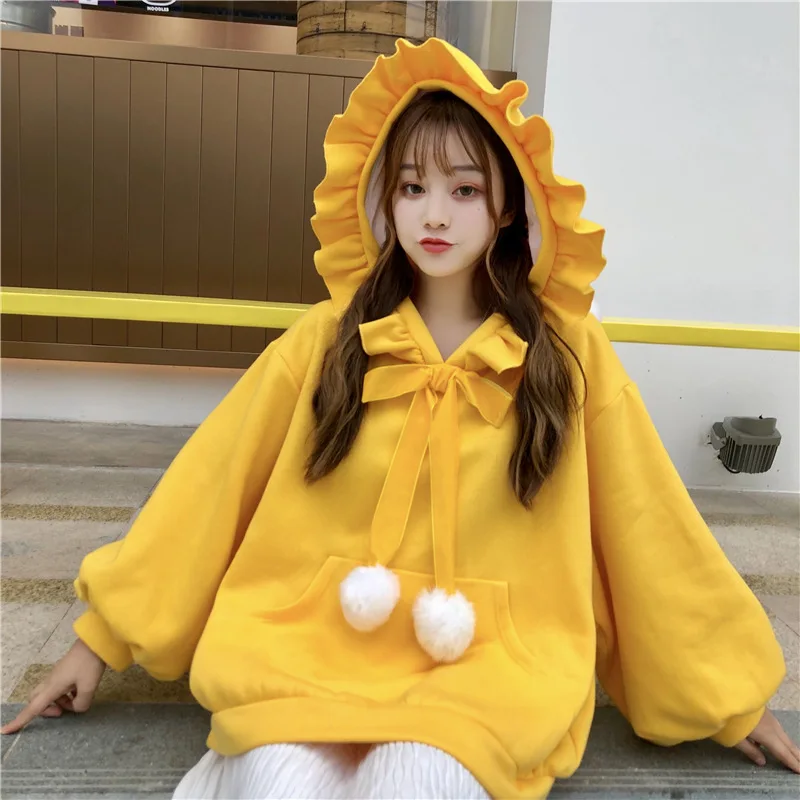 Preppy Style Bow Hooded Sweatshirts Women Rabbit Hair Ball Decor Ruffle Edge Plush Pullovers Hoodies Loose Christmas Costumes