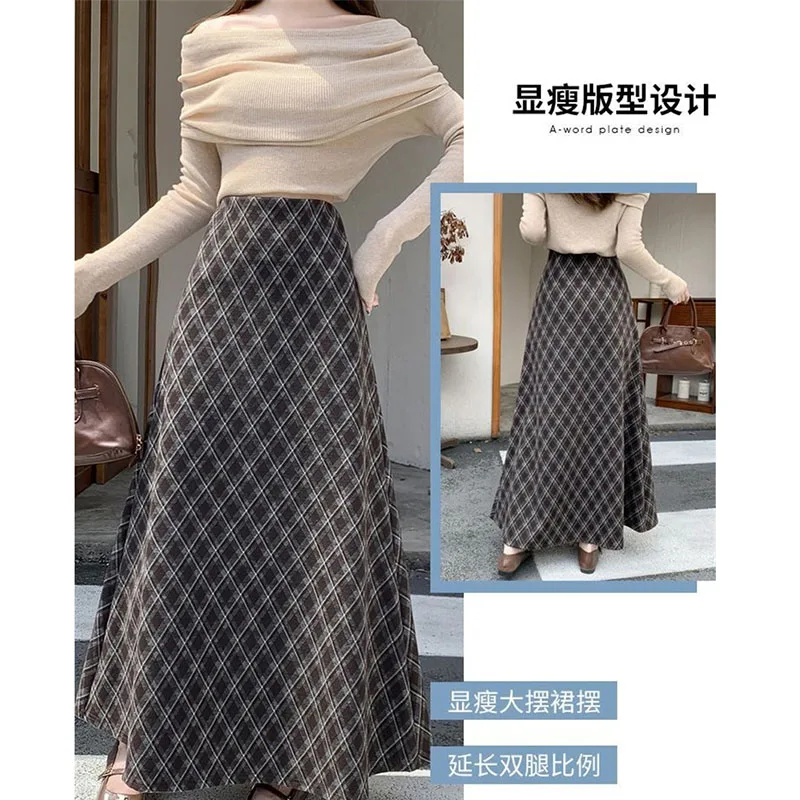 Korean Women Fashion High Waist Long Skirts Spring Lady Casual Loose Skirt Autumn Female High-end Woolen Grid A-line Maxi Skirt