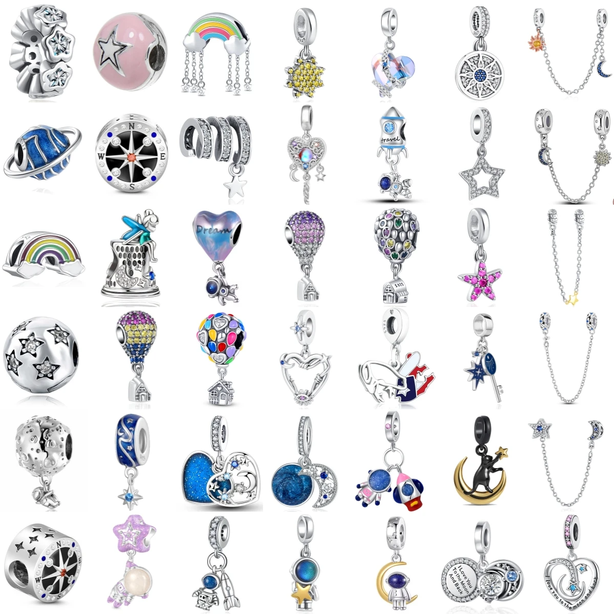 Breloques de voyage Galaxie en Argent Sterling 925, comprenant Boussole, Arc-en-ciel, Lune, Étoile, Astronaute, Fusée, Chat, et Chaîne de sécurité. Accessoires originaux, idéal pour cadeau.
