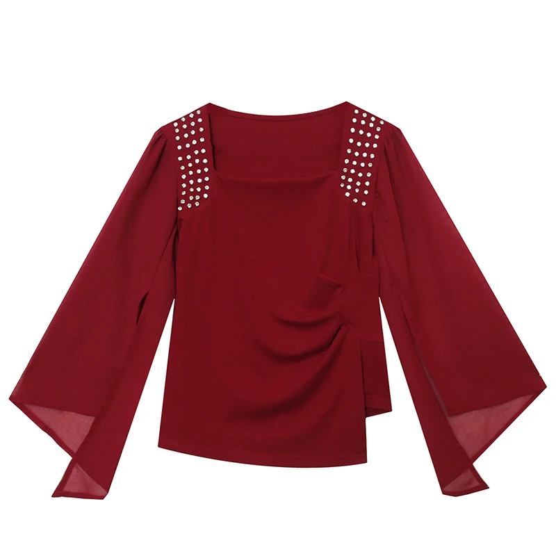 

Black Korean Style Fall T-Shirt Chic Sexy Square Collar Shiny Beads Patchwork Chiffon Women Tops Long Sleeve Tees 2025,New 49206