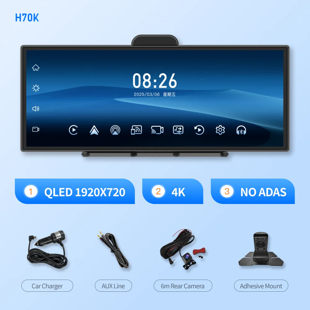 Imagebon H70 Plus 11.4" 4K QLED Auto DVR Draadloze CarPlay & Android Auto ADAS Dashcam WiFi AUX GPS Navigatie Loop Recording