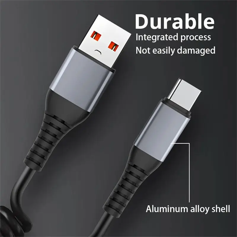 66W USB-A Type C Fast Charging Spring Data Cable For iPhone15/16 Samsung Huawei Xiaomi Telescopic Car USB-C Charger Cord 1.5m