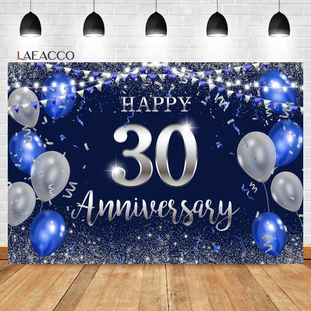 

Laeacco Happy 30th Annverisary Background Gold Blue Glitter Balloons Wedding Anniversary Party Portrait Photography Background