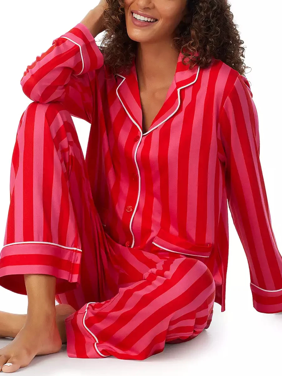 Women's Christmas Pajama Set Striped Long Sleeve Button Down Tops Elastic Waist Pants Lounge Harajuku Home Suit Sleepwear