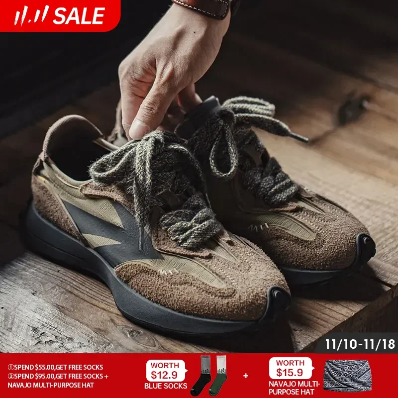 

Maden 70S Retro Casual Sneakers for Men Thick Sole Jogging Breathable Casual Shoes Suede Leather Checked Cloth Mens Shoes