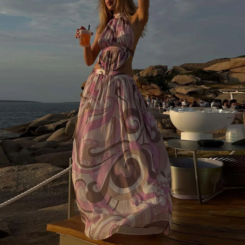 Letnia Długa Sukienka Jednoczęściowa Wzorzysta Suknia Halter Eleganckie Sukienki na Imprezę 2025 Sexy Bez Pleców Łączona Ażurowa Plisowana Sukienka Boho