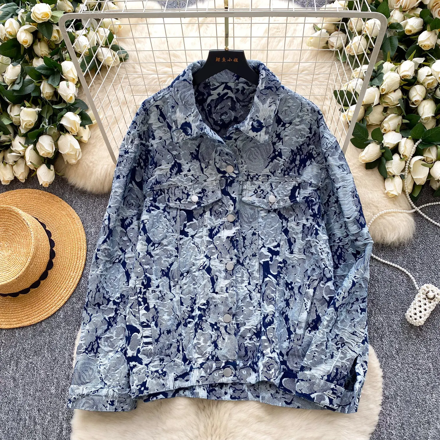 

Vintage Print Women's Denim Jacket 2026 Spring Autumn New American Style Single Breasted Coats Casual Loose Distressed Tops