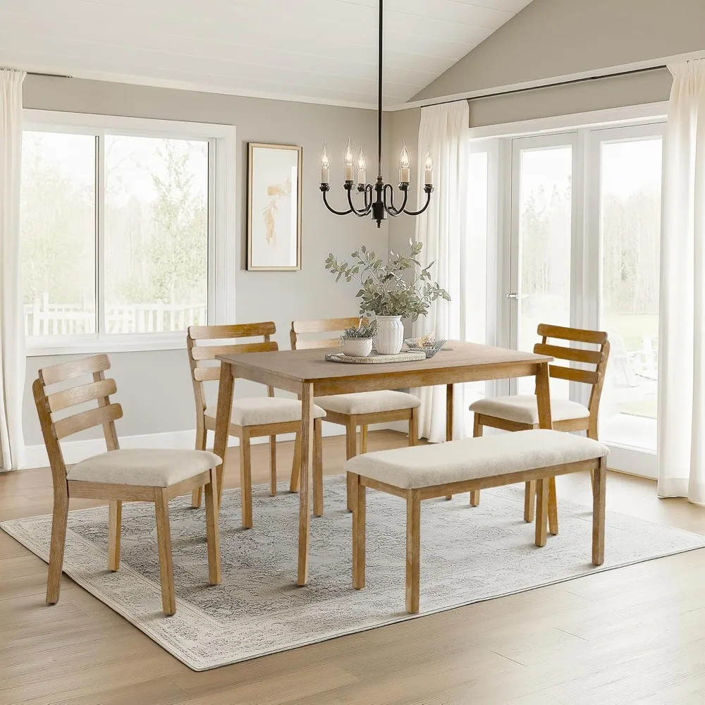 

6-Piece Farmhouse Dining Set, Mid-Century Modern Wooden Table & Upholstered Chair Set for Home, Kitchen, Dining Room, 4 Chairs