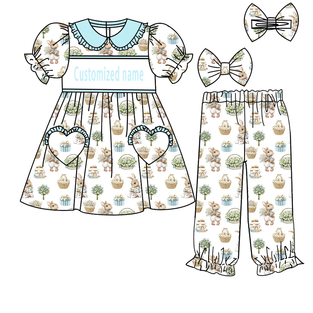 

Пасторальные пасхальные пижамы для мальчиков и девочек с карманами в форме сердца, кружевной отделкой, корзиной с цветком кролика, принтами из молочного шелка, оптовая продажа