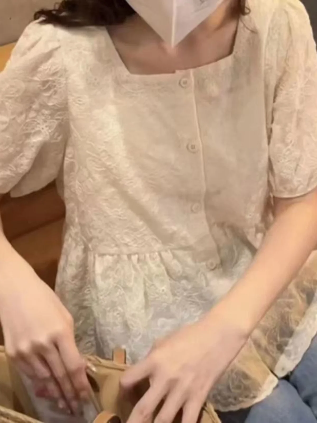 우아한 프랑스 스타일 자수 레이스 버블 슬리브 스퀘어 칼라 돌 셔츠 여성 여름 캐주얼 루즈핏 반팔 탑