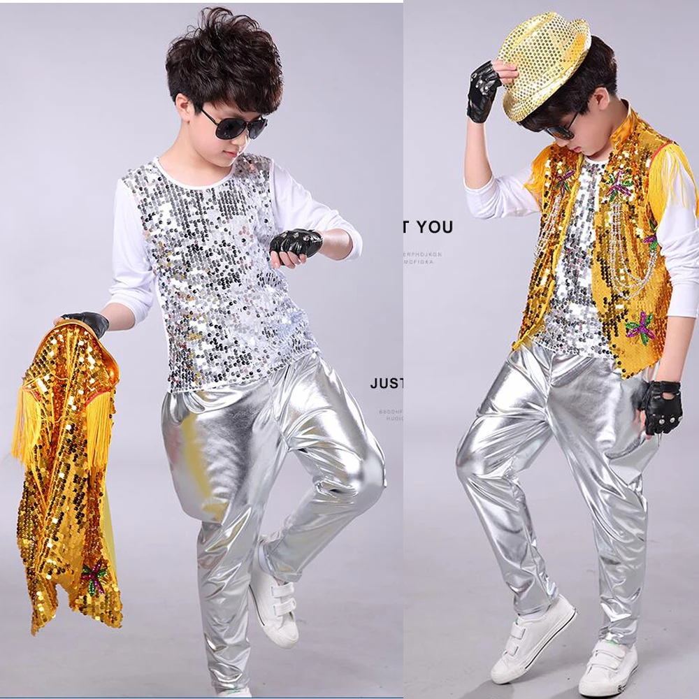 Abbigliamento da palcoscenico vestito da ballo 3 pezzi set ragazzi sala da ballo con paillettes Modern Jazz Hip Hop Dance Competition Costumes Kid Performance