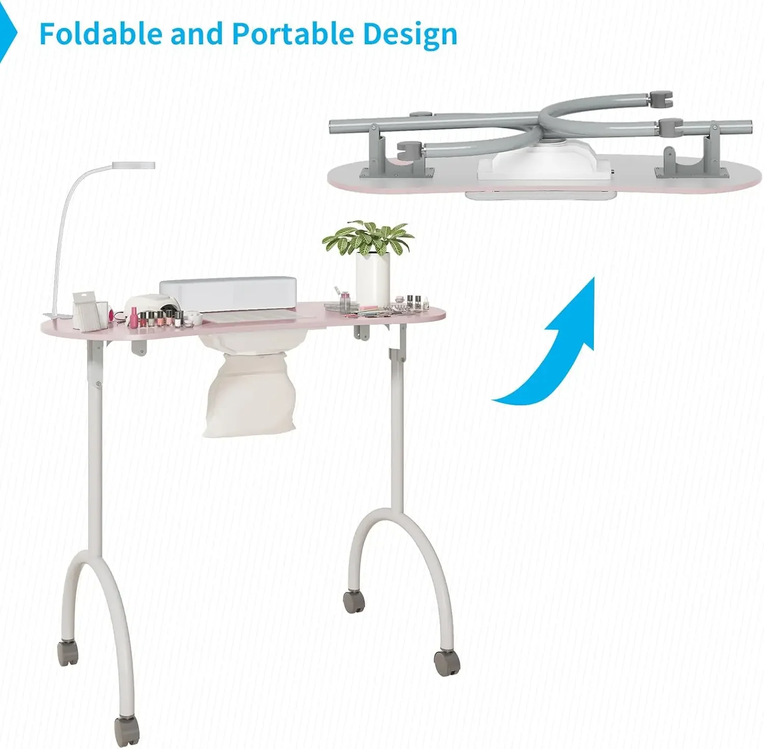 Mesa de manicura portátil para uñas, mesa de manicura plegable con ventilador recolector de polvo, lámpara LED, 4 ruedas bloqueables y bolsa de transporte, P
