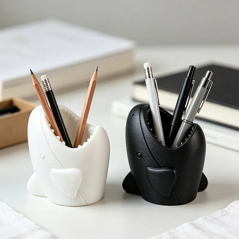 3D Printed Shark Shape Pen Holder Cute Cartoon Shark Mouth Pencil Cup Creative Desktop Stationery Organizer Fun Storage Pot