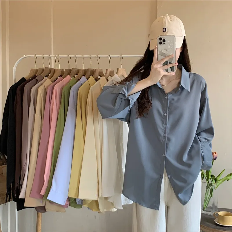 

Spring Summer Button Blusas New Loose Korean Casual Outer Wear Solid Long Sleeve Blouse Shirts=Outerwear Y2k Chic Women Top 블라우스