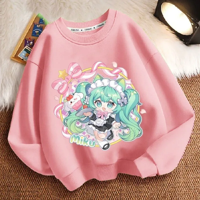 سويت شيرت لطيف برسوم كارتونية من Hatsune Miku، أنيق للنساء، بلوزة فضفاضة غير رسمية برقبة دائرية وأكمام طويلة للخريف