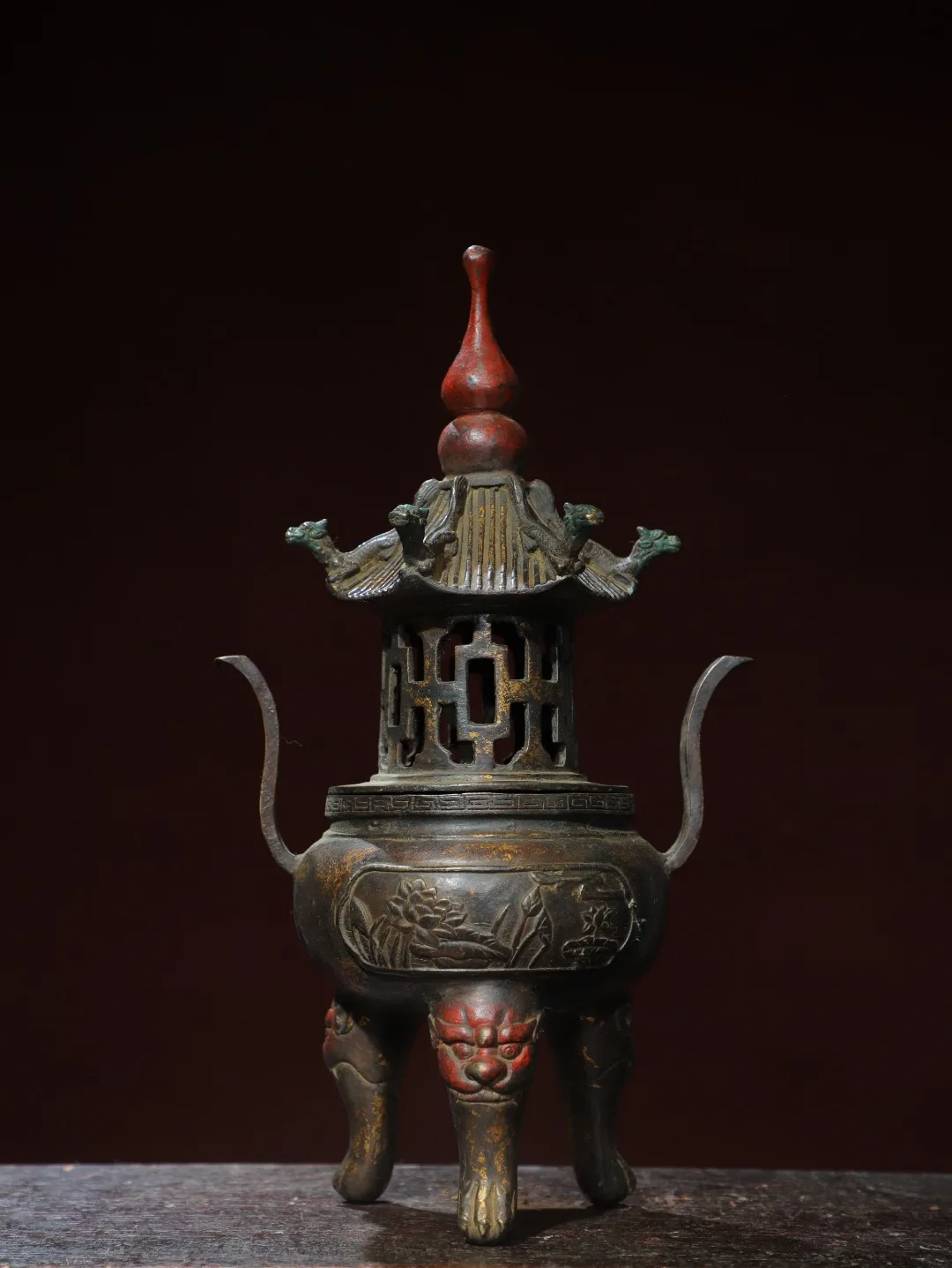 

11"Tibetan Temple Collection Old Bronze Cinnabar Mud gold Buddha Pagoda Gourd Incense Burner Worship Hall Town house Exorcism