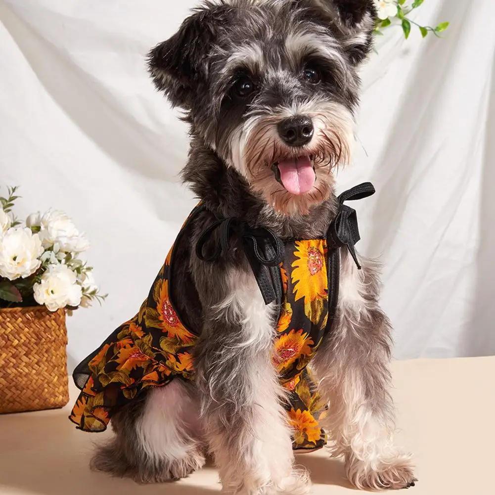 Pet Skirt Sunflower Pattern Double Layer Hemming Pullover Summer Kitty Clothes Dog Outfits Floral Princess Dress For Spring