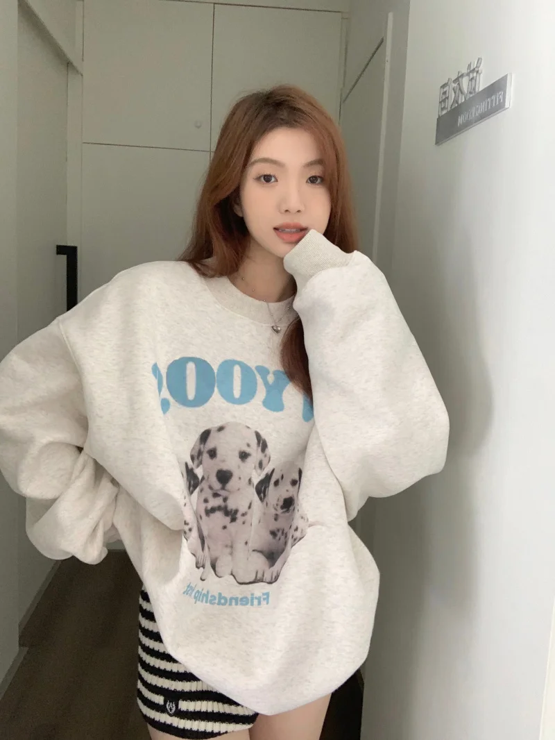 Y2k Sweet Kawaii Printed Women Hoodie O-neck Long Sleeve Loose Top Pullover Autumn Winter All-match Streetwear Sweatshirt Femme