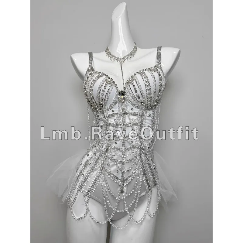 Customized Full Diamond Pearl Chain Nightclub Bar Female Singer Dj Electronic Syllable Clothing Turnpakjes Meisjes