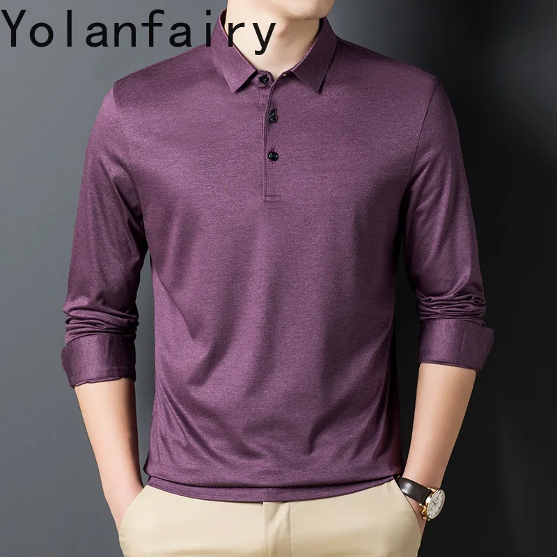 YOLANFAIRY Mulberry Silk T-shirt Polo Homme Long Sleeve T Shirt Men Spring Autumn Mens Clothing Playeras Para Hombre Loose Fit