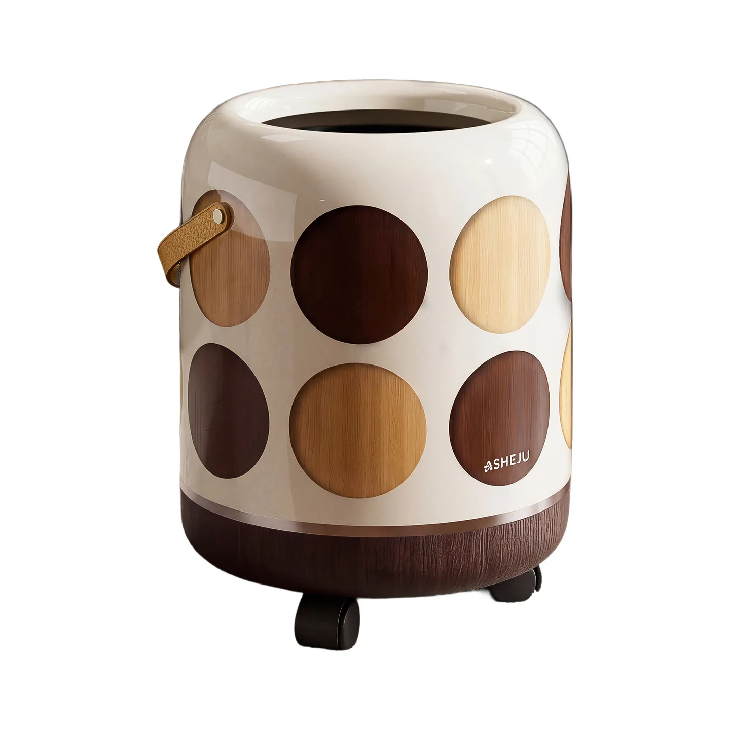 

Mid Century Vintage Round Trash Can Wooden Patchwork Optional Rolling Wheel Large Capacity Retro Home Decor Housewarming