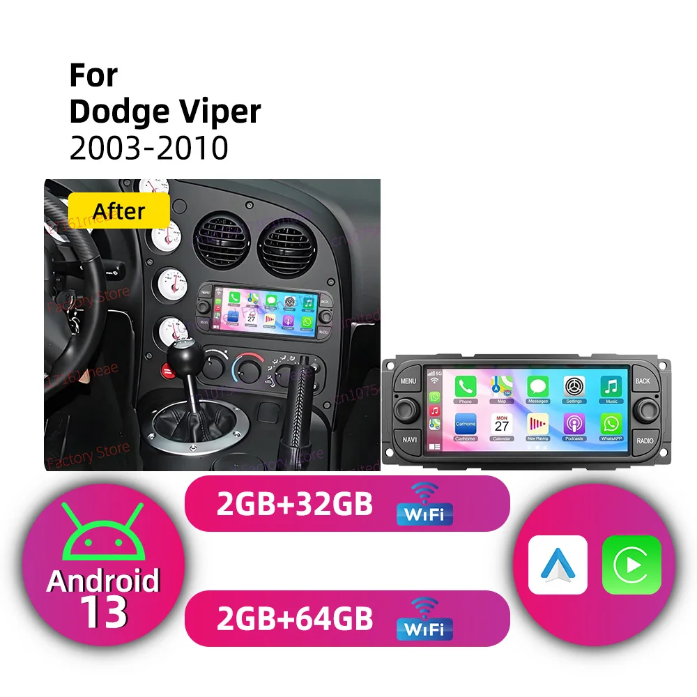 Autoradio GPS Android 13 1 Din pour Dodge Viper 2003-2010, écran 6,86 pouces, Carplay sans fil, autoradio stéréo