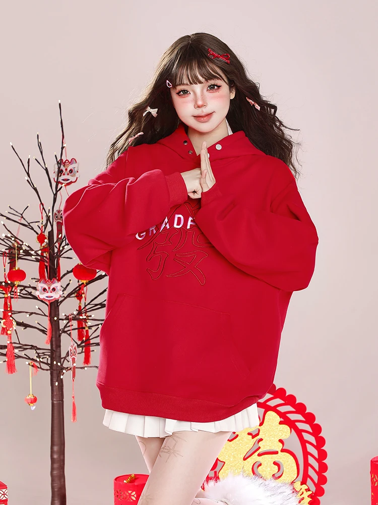 

Красная женская толстовка оверсайз с вышивкой, на флисовой подкладке, осенне-зимняя, повседневная, уличный стиль, с круглым вырезом, длинными рукавами