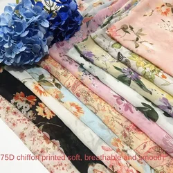 75D High Quality Printed Flowers Ethnic Style Chiffon Fabric Per Meter for Dress Hanfu Curtains Diy Sewing Cloth White Blue Red