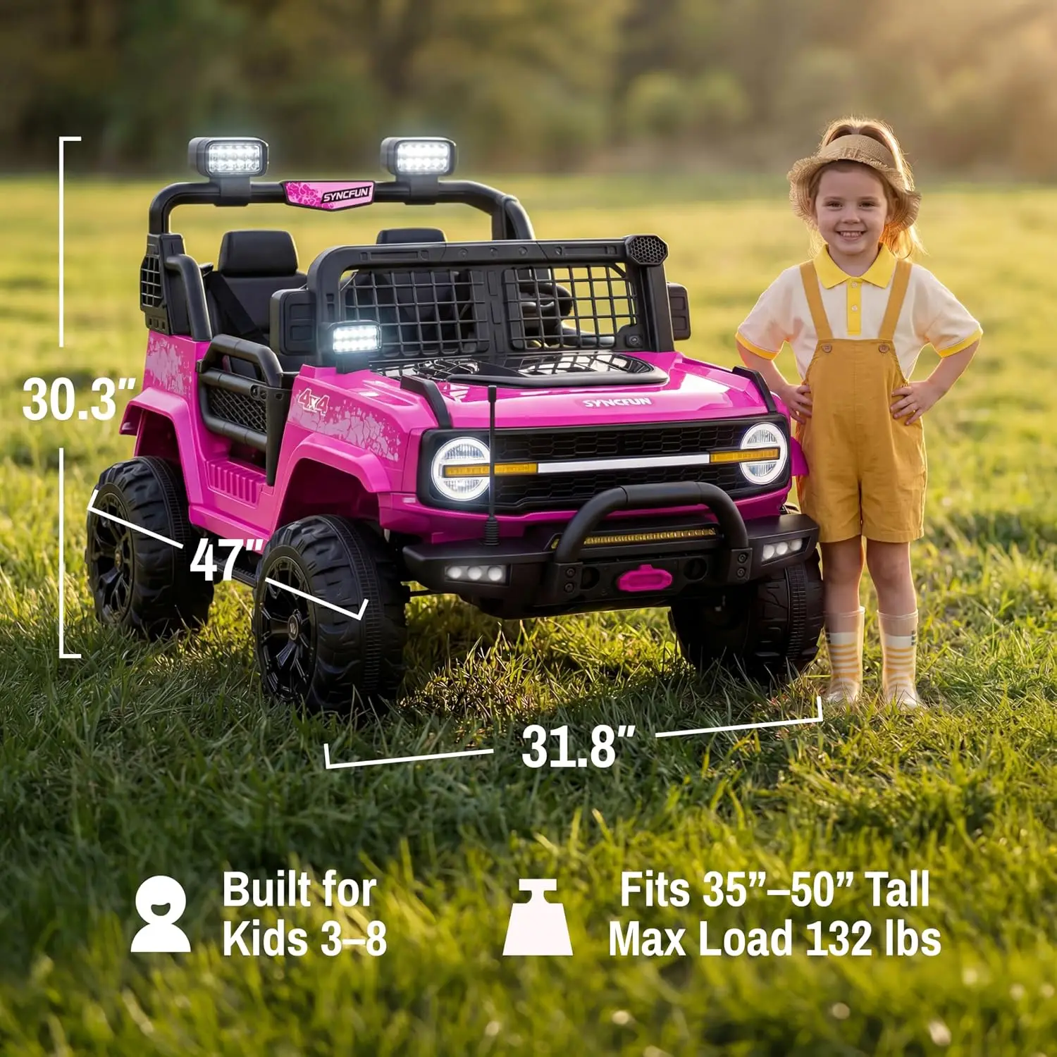 24V 2 Seater Ride On Car for Kids, Electric Car with Remote Control, 3 Speed Settings, All-Terrain Tires, LED Lights & Bluetooth