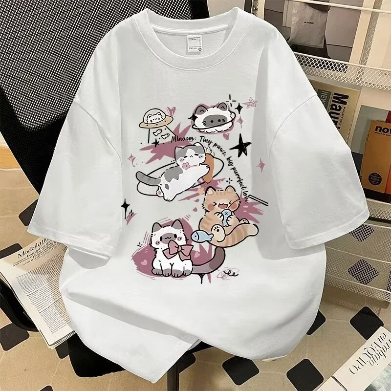 

Summer men's cartoon cat pattern printed T-shirt, 100% cotton short-sleeved round-neck anime Harajuku street top