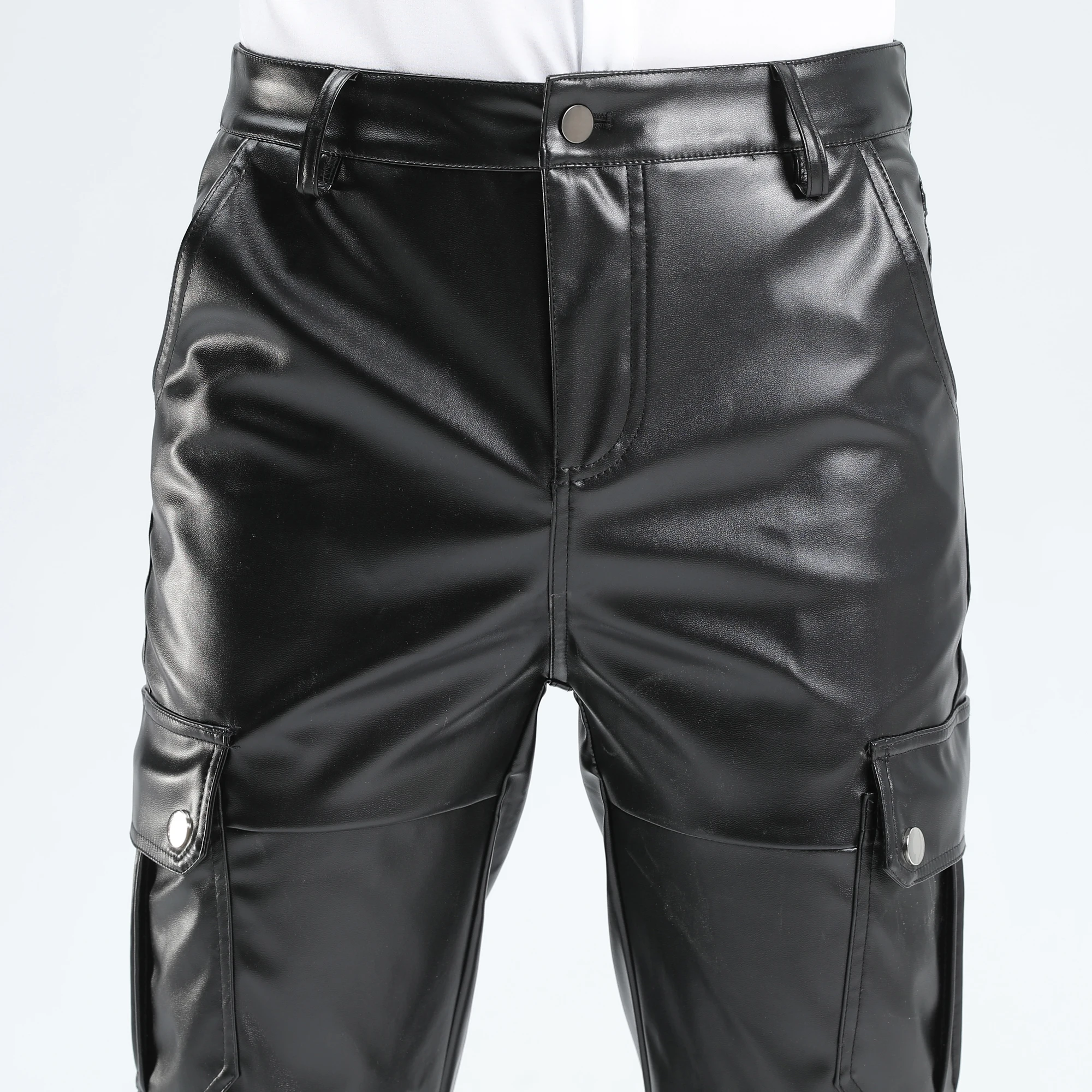 Men Leather Pants Superior Quality Elastic Male Fashion Motorcycle Faux Leather Trousers Rock Streetwear Pockets