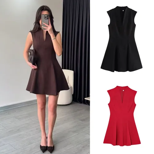 Imagen 1 del producto ETJ 2025 nueva moda mujer clásico sin mangas crepé cuello pico temperamento simple mini vestido fiesta fecha pequeño vestido negro
