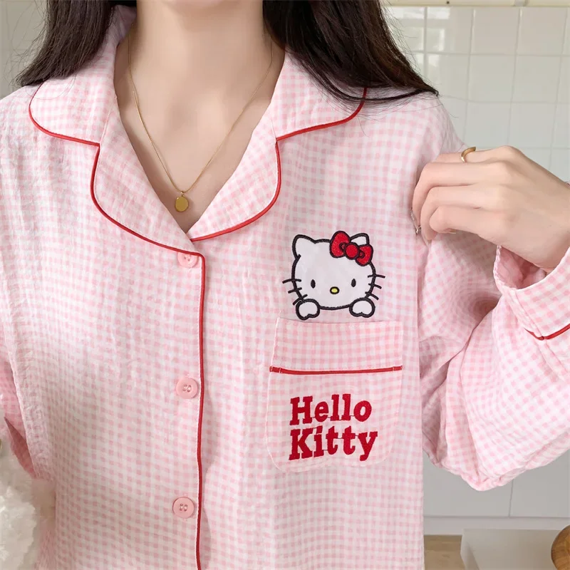 Hello Kitty Women\'s Pajamas Lapel Cotton Two-piece Set Women\'s Clothing Cartoon Sanrio Women\'s Pajamas Hello Kitty Homewear