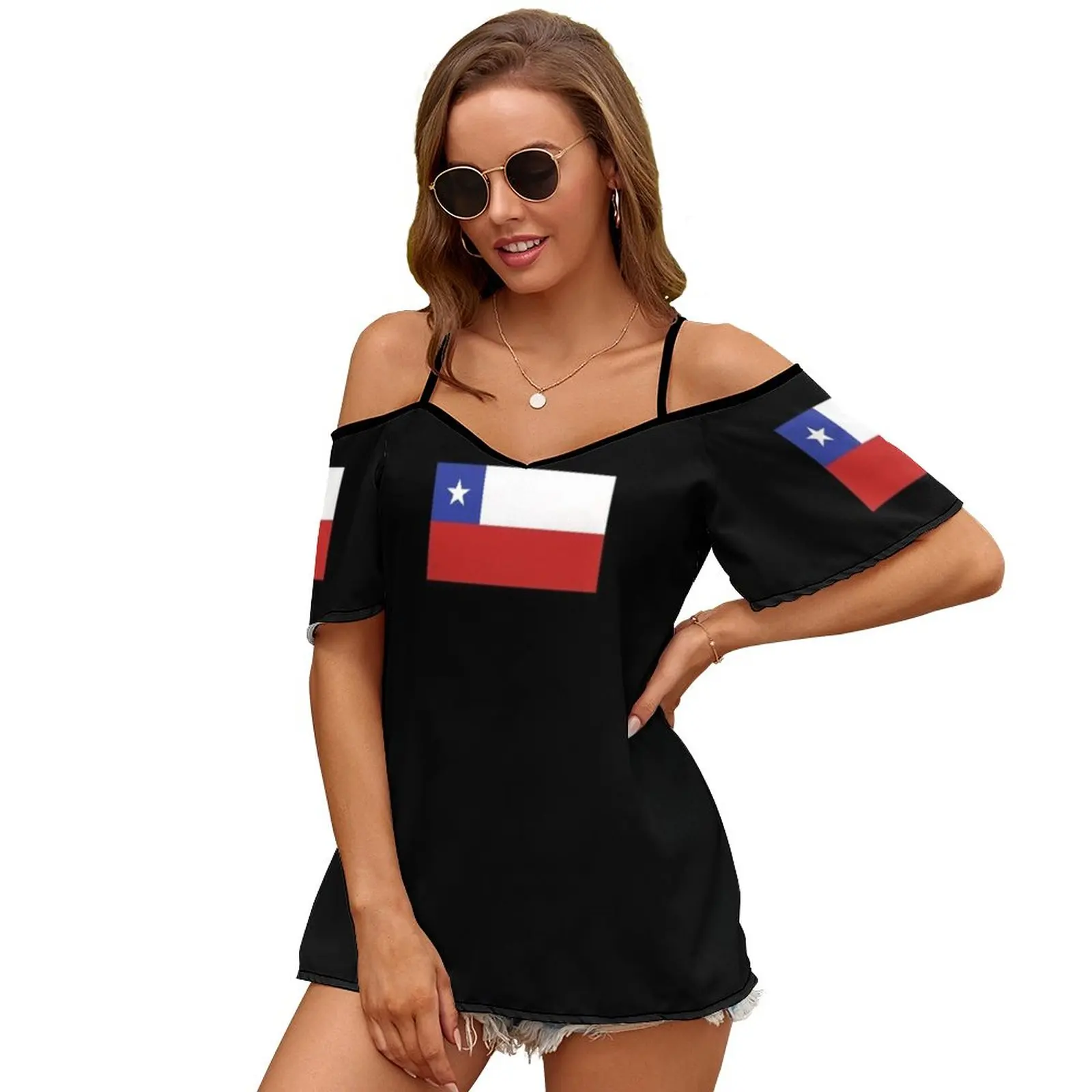 Chile Flag New Fashion Zip Off Shoulder Top Short-Sleeve Women Shirt Flag Flag Chile Chile Chilean Chilean Flag Flag Of Chile