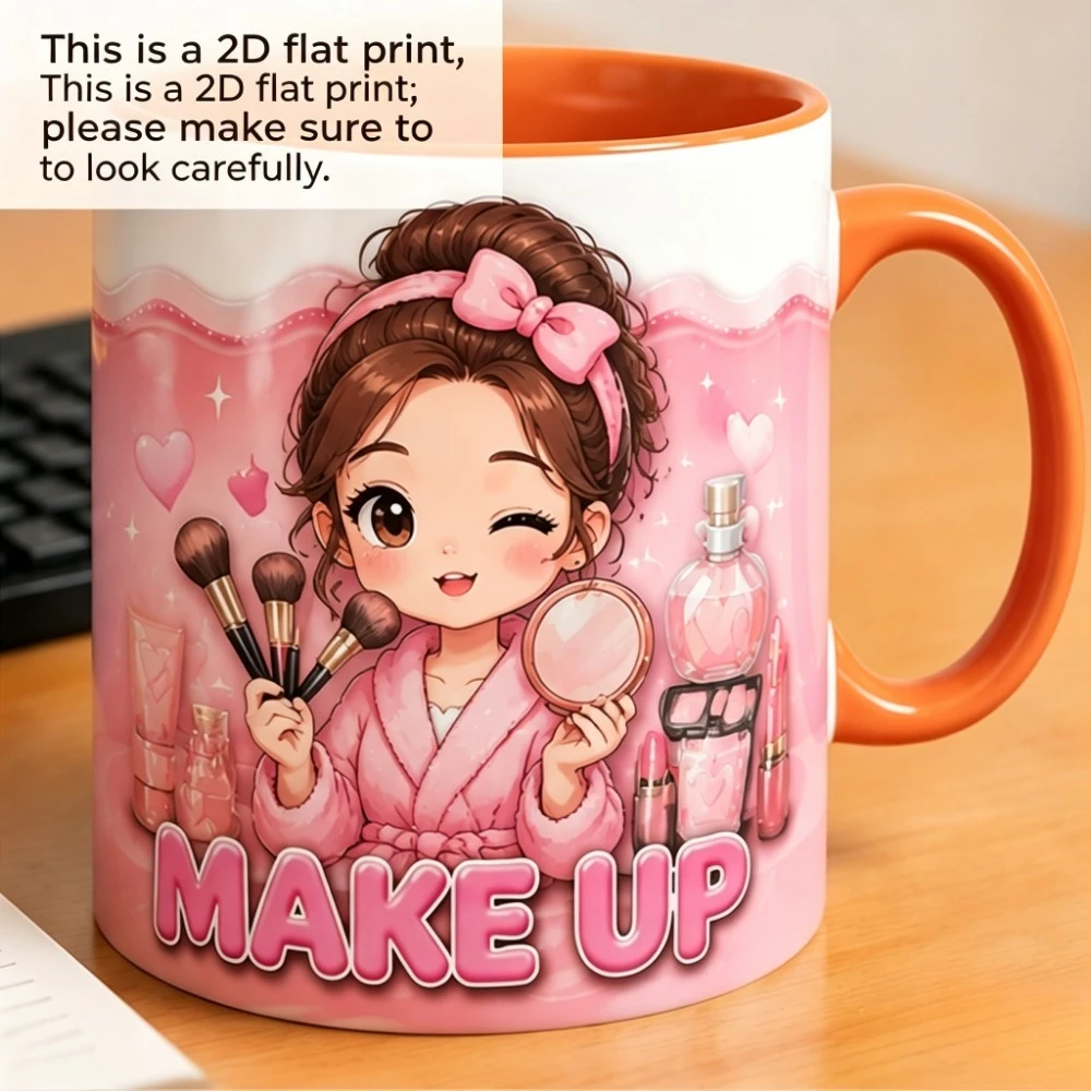 Custom 2D Printed Ceramic Coffee Mug 11oz Cute Girl Pattern Makeup Lover Gift Smooth Surface Shiny Queen Pink Cosmetic Cup for W