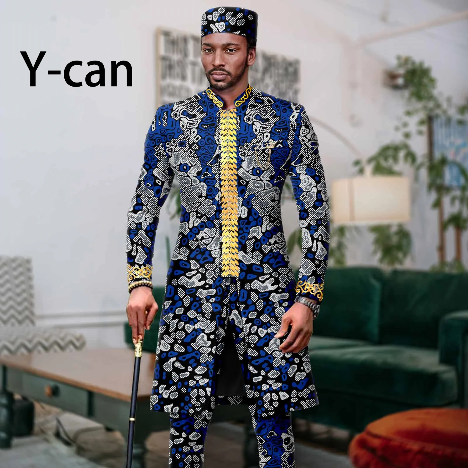 African Men Clothes Dashiki Print Tuxedo Wedding Suit 3 PCS Set Slim Fit Embroidery Jacket and Pants Match Muslim Caps A2316061