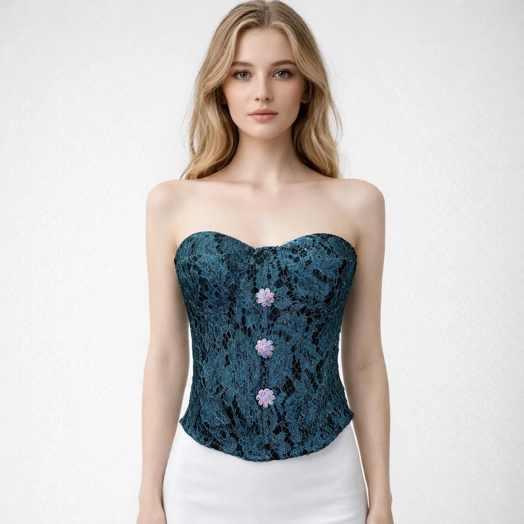 

Women's Teal Floral Lace Corset Top Strapless Beaded Rhinestone Flower Button Front Heavy Embellished Bustier Camisole