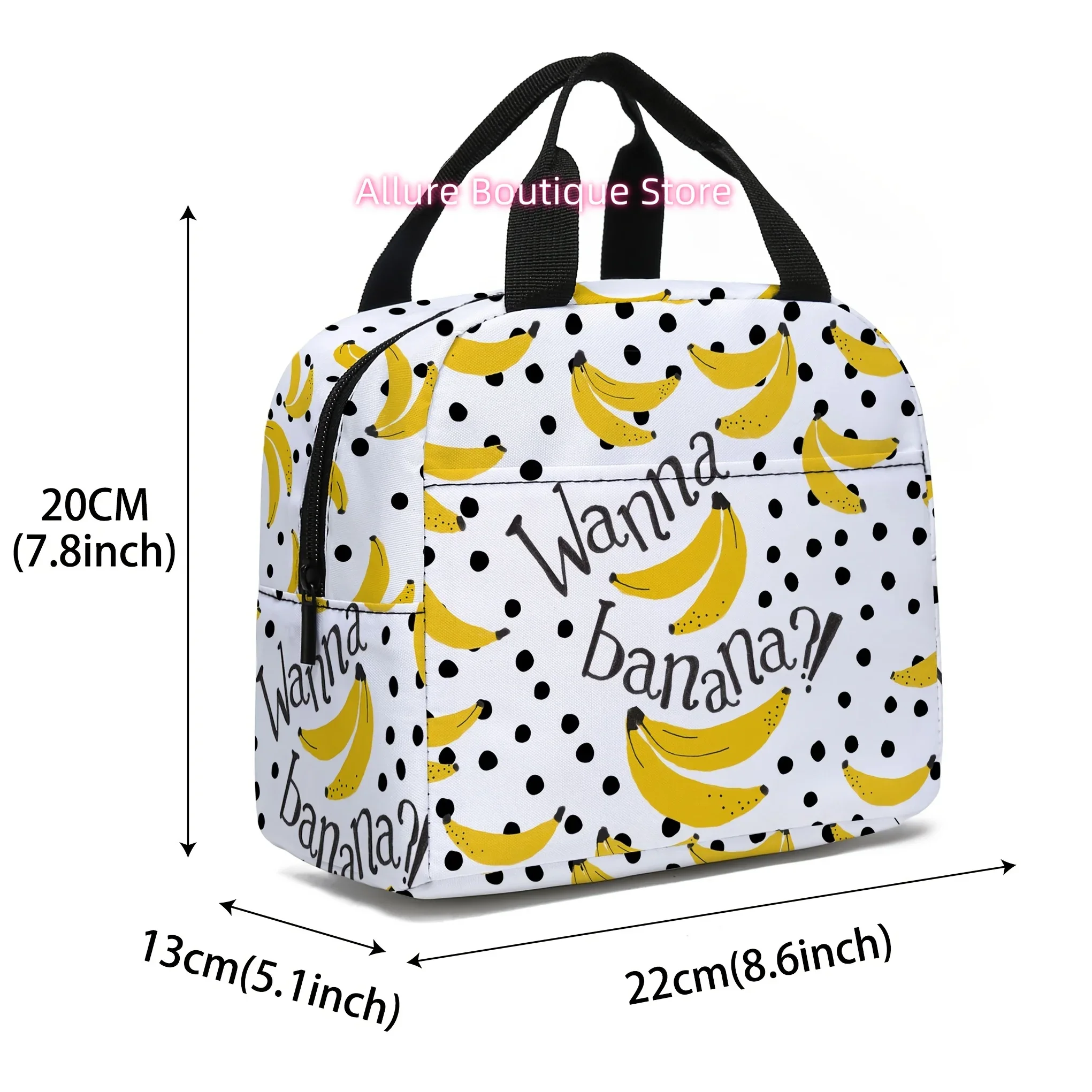 Lunch Bags Featuring Fruit Designs, Including Cherries And Bananas, Designed As Insulated Tote Bags. These Portable Bags Are Sui