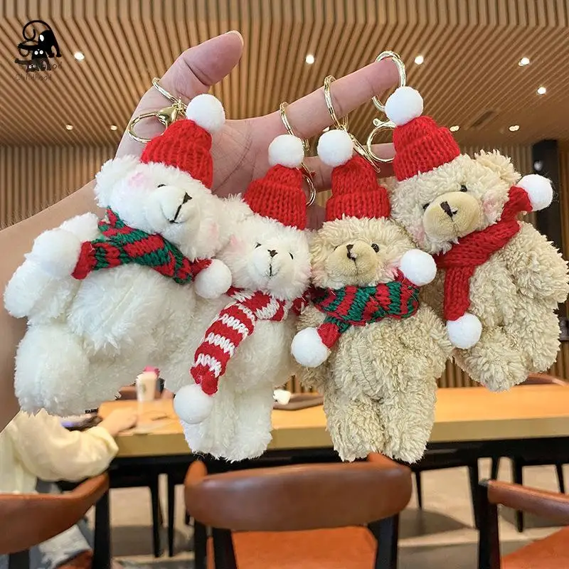 Cute Christmas Plush Bear Keychain Fuzzy Knitted Hat Long Scarf Holiday-themed Keychain Backpack Decoration Keychain