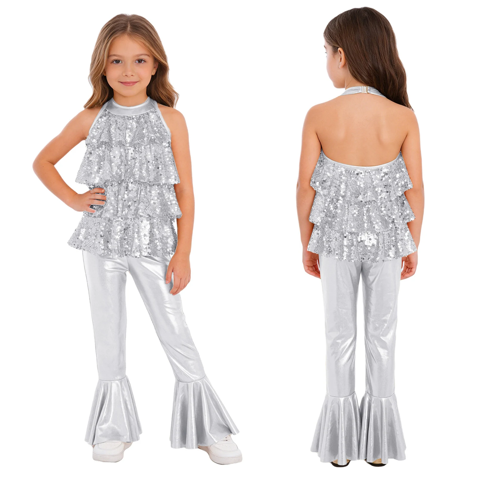 

Детский блестящий комбинезон для девочек в стиле диско, джаз, без рукавов, с открытой спиной, с пайетками, расклешенный, для карнавала, вечеринки, в стиле хиппи