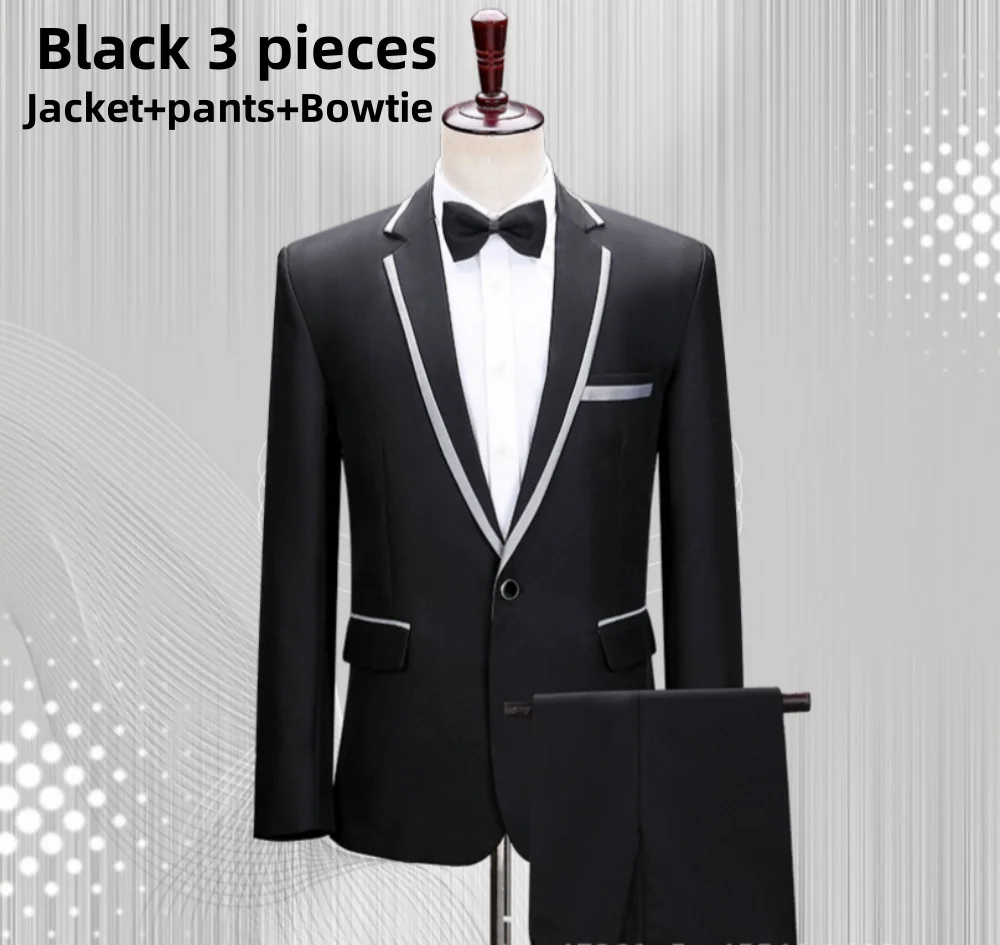 New Elegant White Black Sticky floral suit Set Stand Collar Mens Wedding Suits Formal Groom Tuxedo Costume(Jacket+pants+Bowtie)