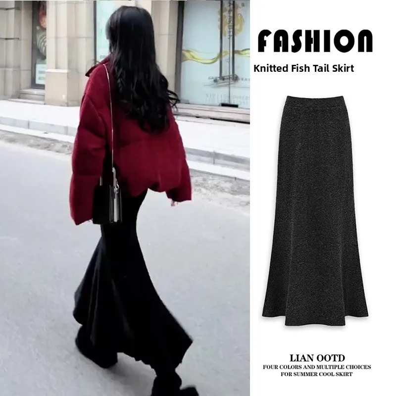 

Black Knitted Fish Tail Skirt Women's Autumn Winter New Style A-Line Bodycon Midi Skirt Sexy Style Casual Wear