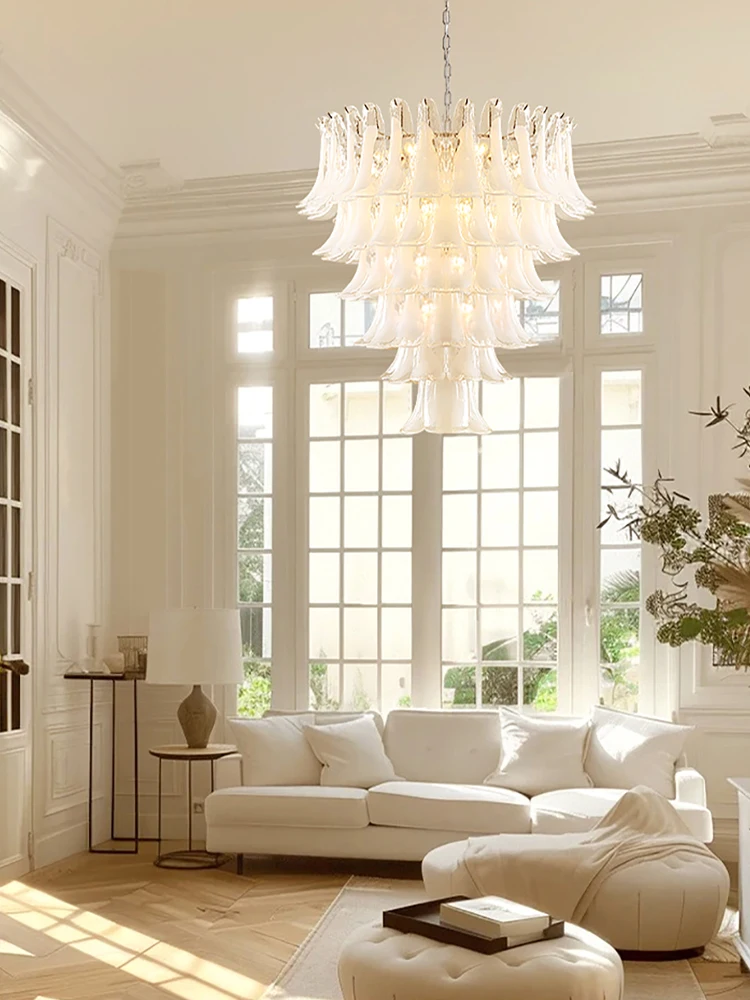 Cloudy White Glass Flower Petal Vintage Chandelier Italy Design Lighting Fixture LED Remote Dimmable Available Living Room Deco