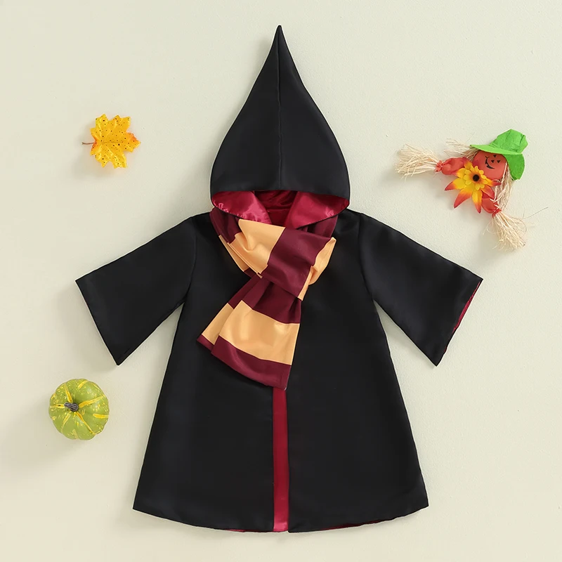 Kids Halloween Gothic Witch Costume Long Sleeve Hooded Wizard Cloak with Scarf 2 Pcs Cosplay Clothes Set