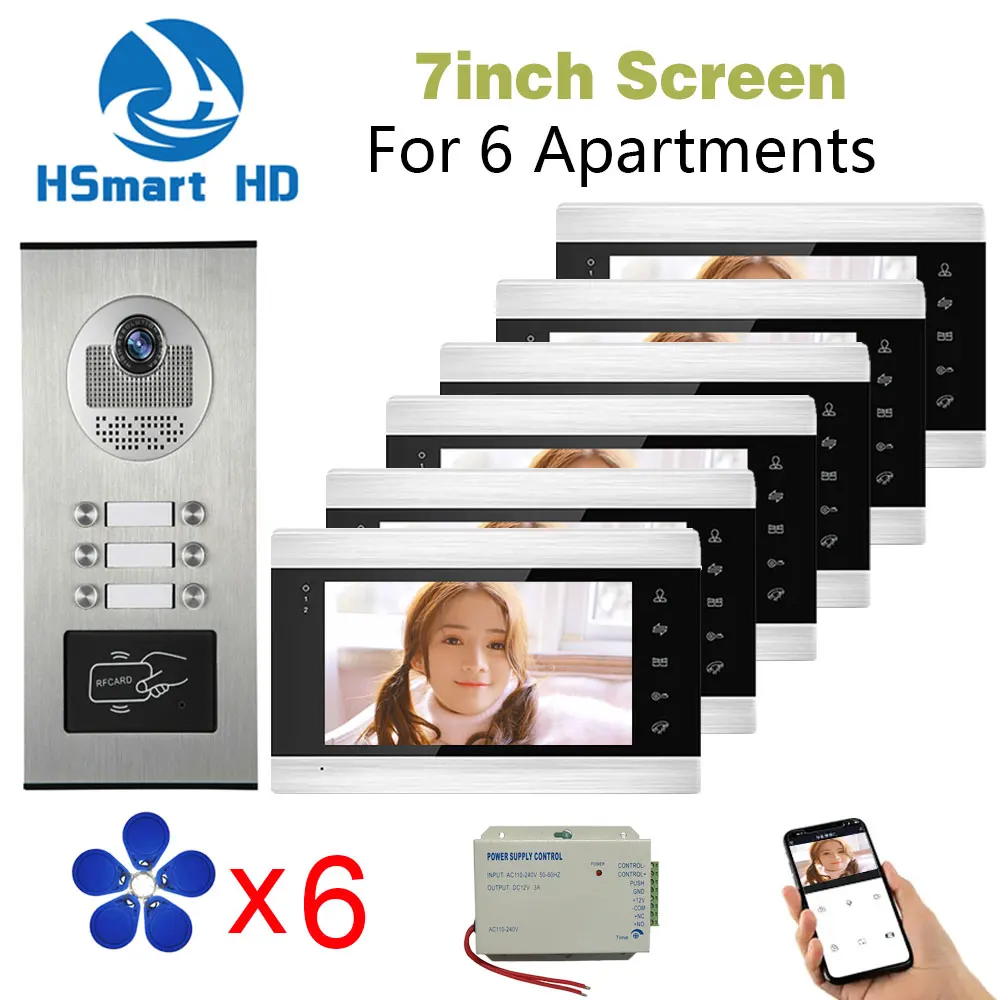 New 7 Inch Screen Tuya Wifi Video Intercom for 2/3/4/6 Unit Apartments  with with RFID Card / APP Unlock Doorbell Camera Systerm